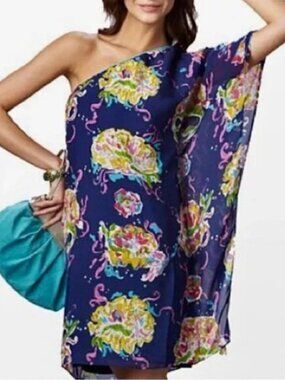 SOLD Lilly Pulitzer Blake silk beaded One Shoulder Dress caftan tunic Blaring